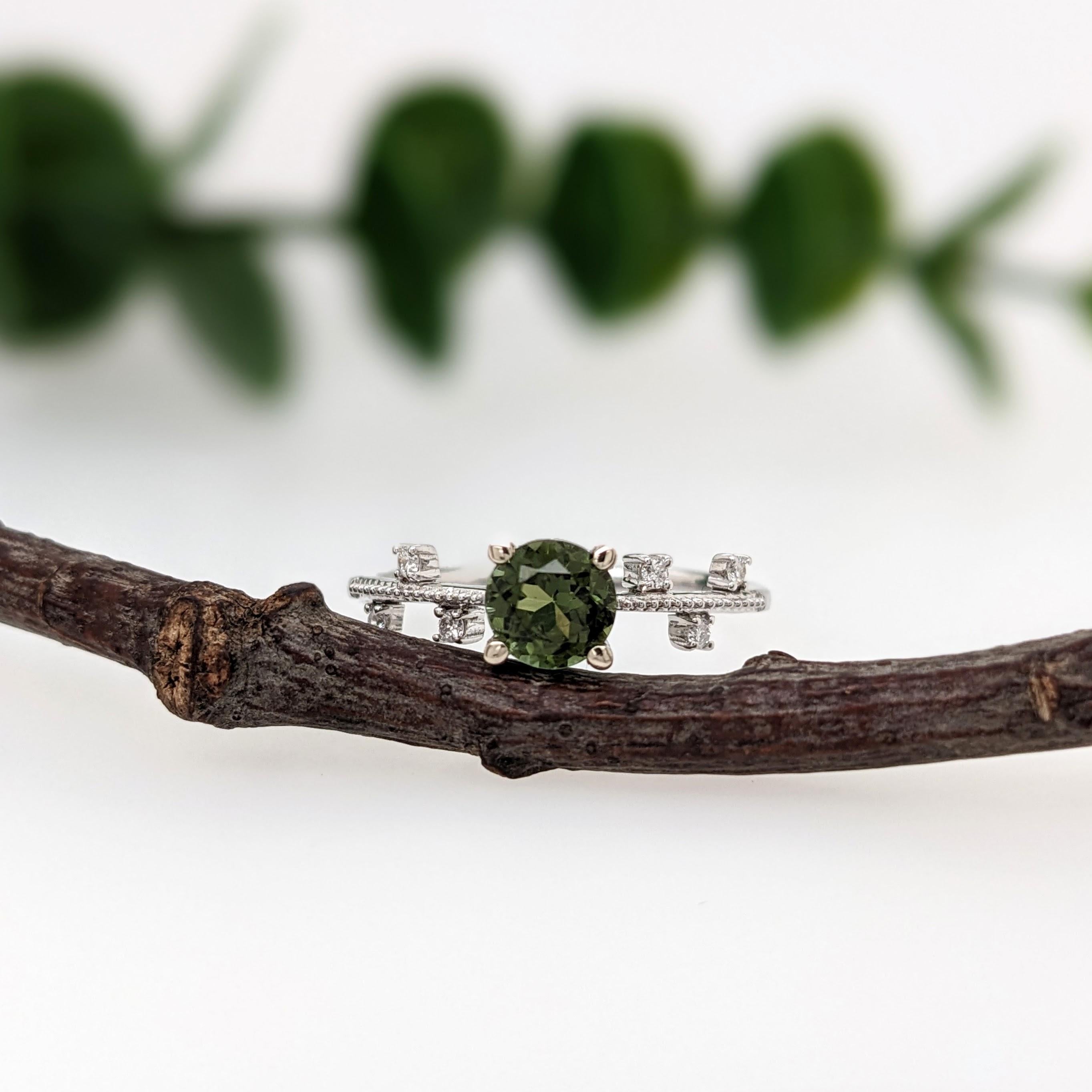 Round Cut Green Tourmaline Ring w Earth Mined Diamonds in Solid 14K White Gold Round 5.5mm For Sale