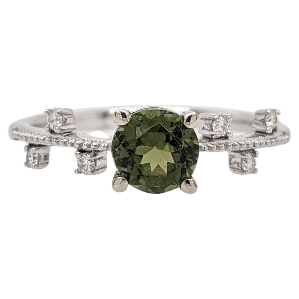 Green Tourmaline Ring w Earth Mined Diamonds in Solid 14K White Gold Round 5.5mm