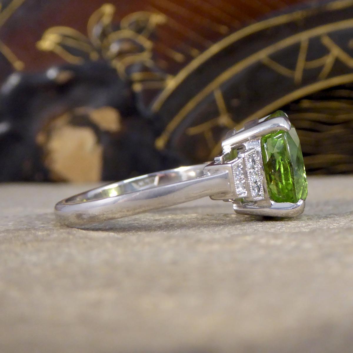Art Deco Green Tourmaline Ring with Diamond Staged Shoulders in Platinum