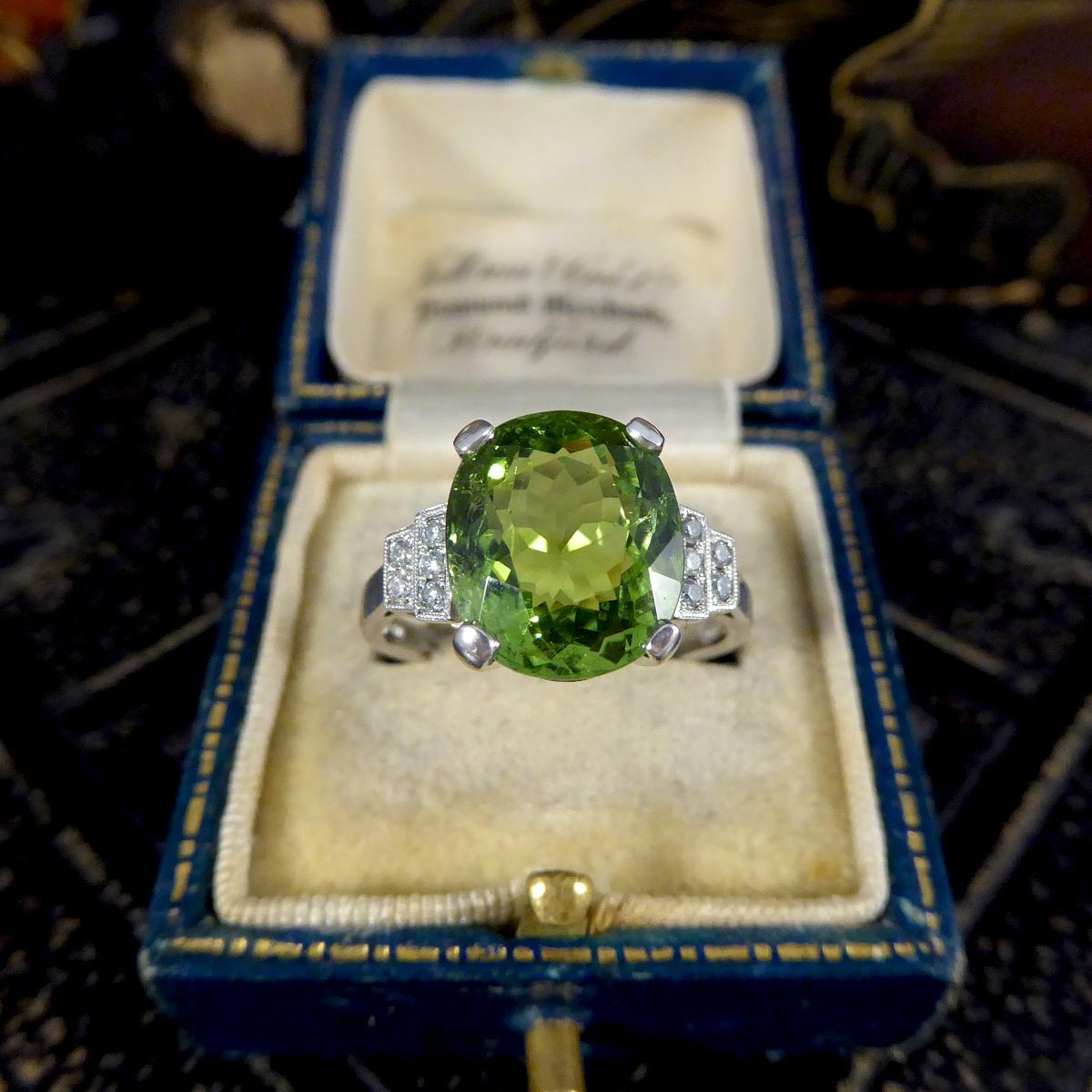 Women's Green Tourmaline Ring with Diamond Staged Shoulders in Platinum