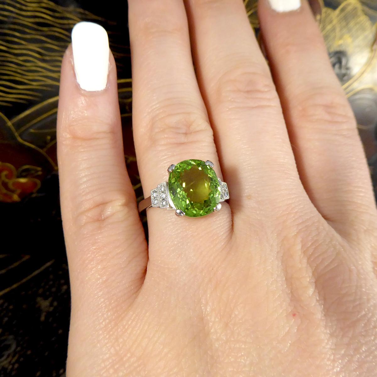 Green Tourmaline Ring with Diamond Staged Shoulders in Platinum 1