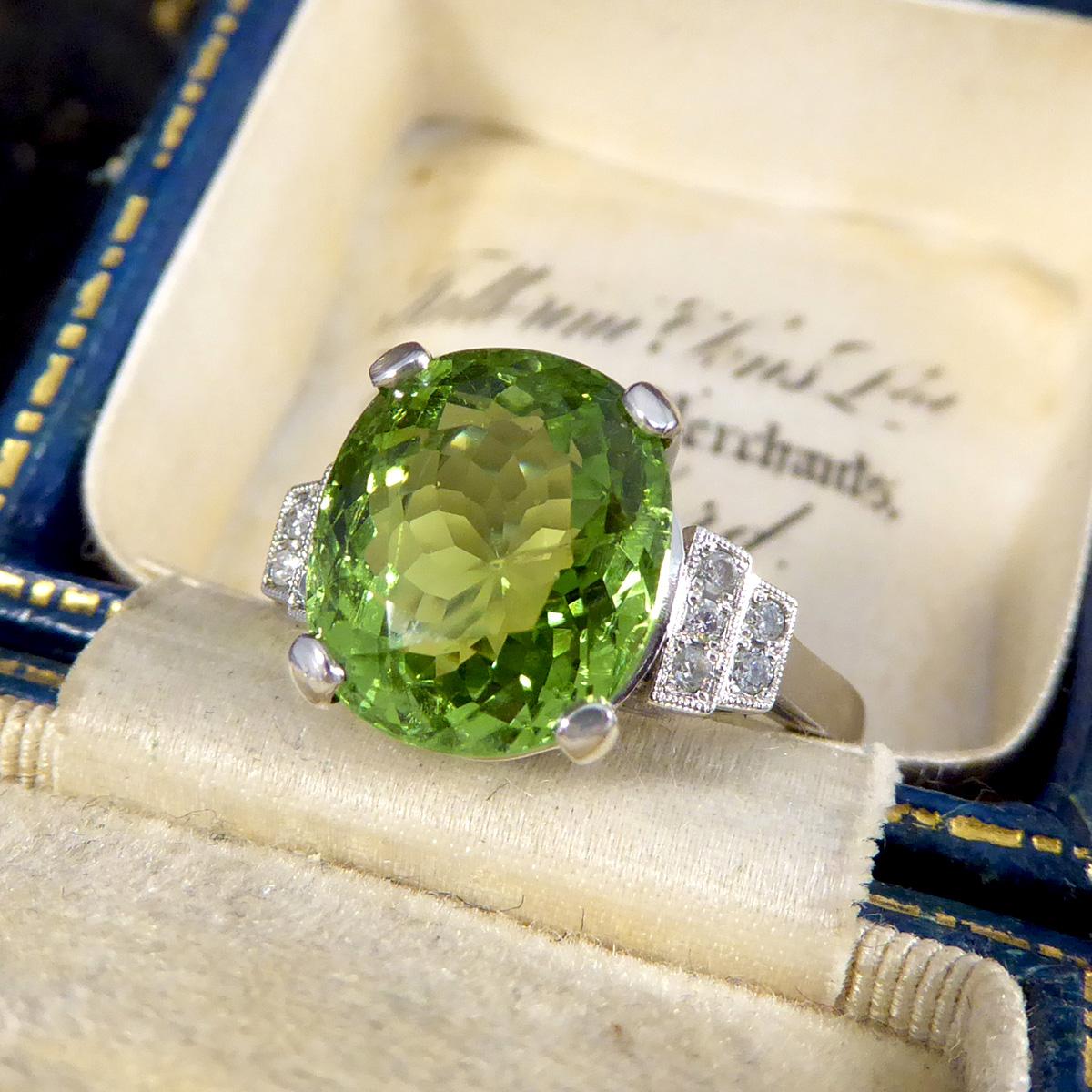 Green Tourmaline Ring with Diamond Staged Shoulders in Platinum 2