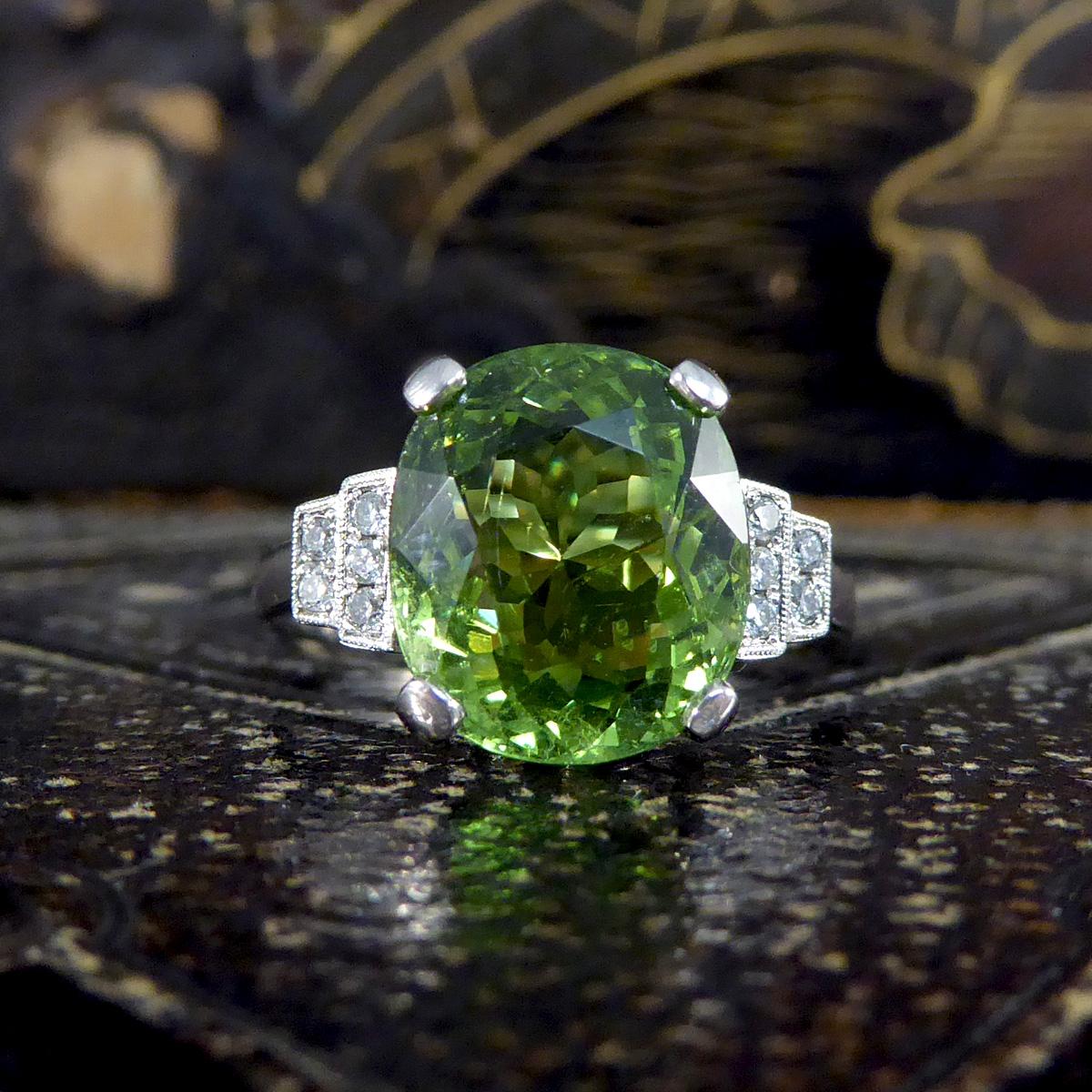 Green Tourmaline Ring with Diamond Staged Shoulders in Platinum 3
