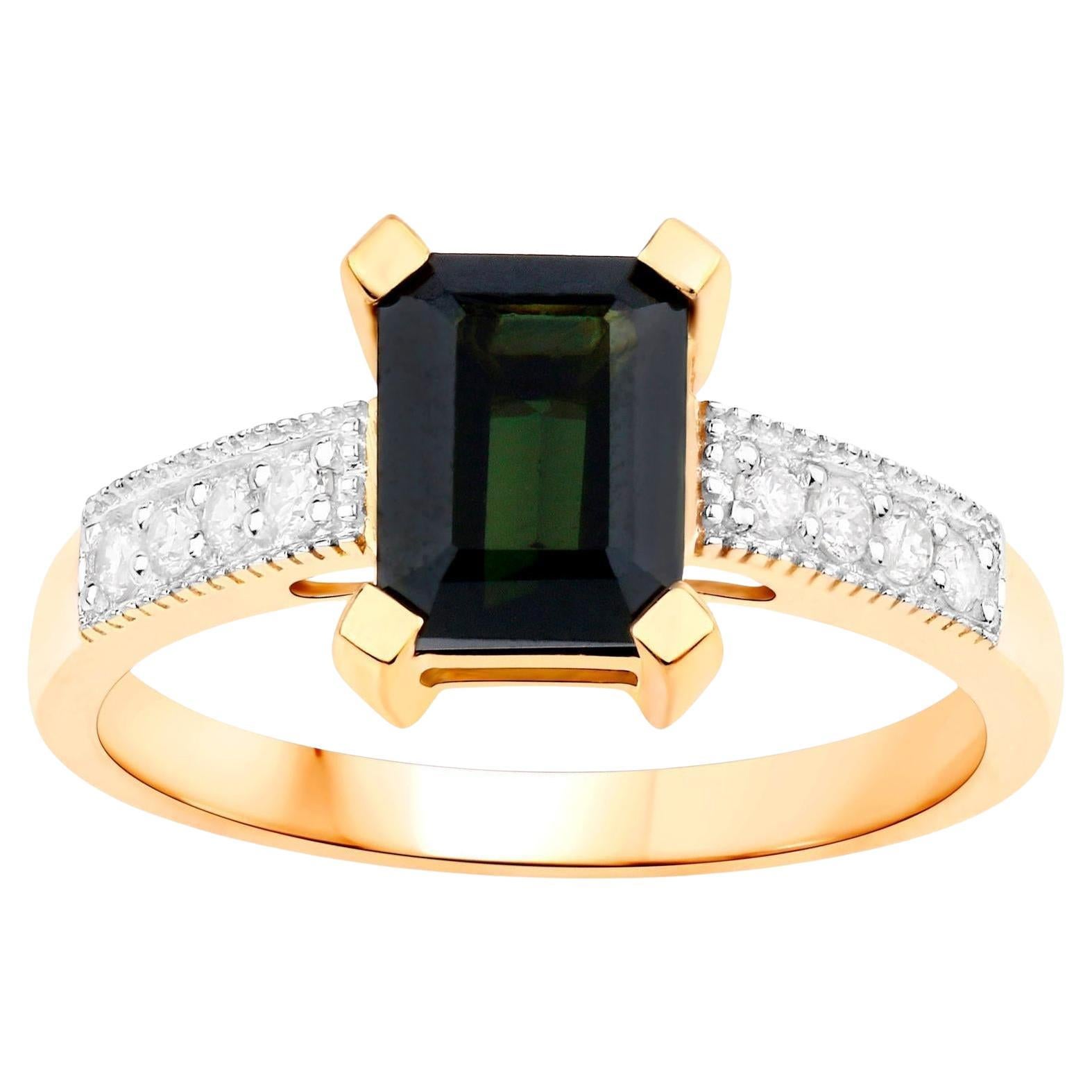 Green Tourmaline Ring With Diamonds 1.91 Carats 14K Yellow Gold For Sale