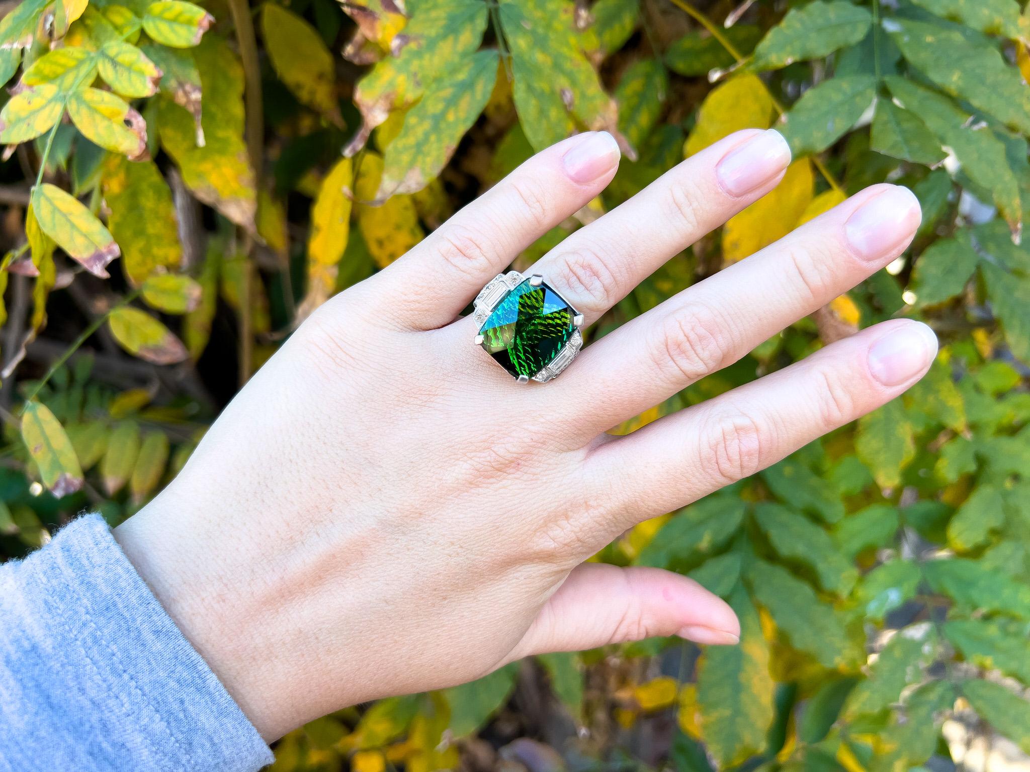 Contemporary Green Tourmaline Ring With Diamonds 26.40 Carats 14K White Gold For Sale