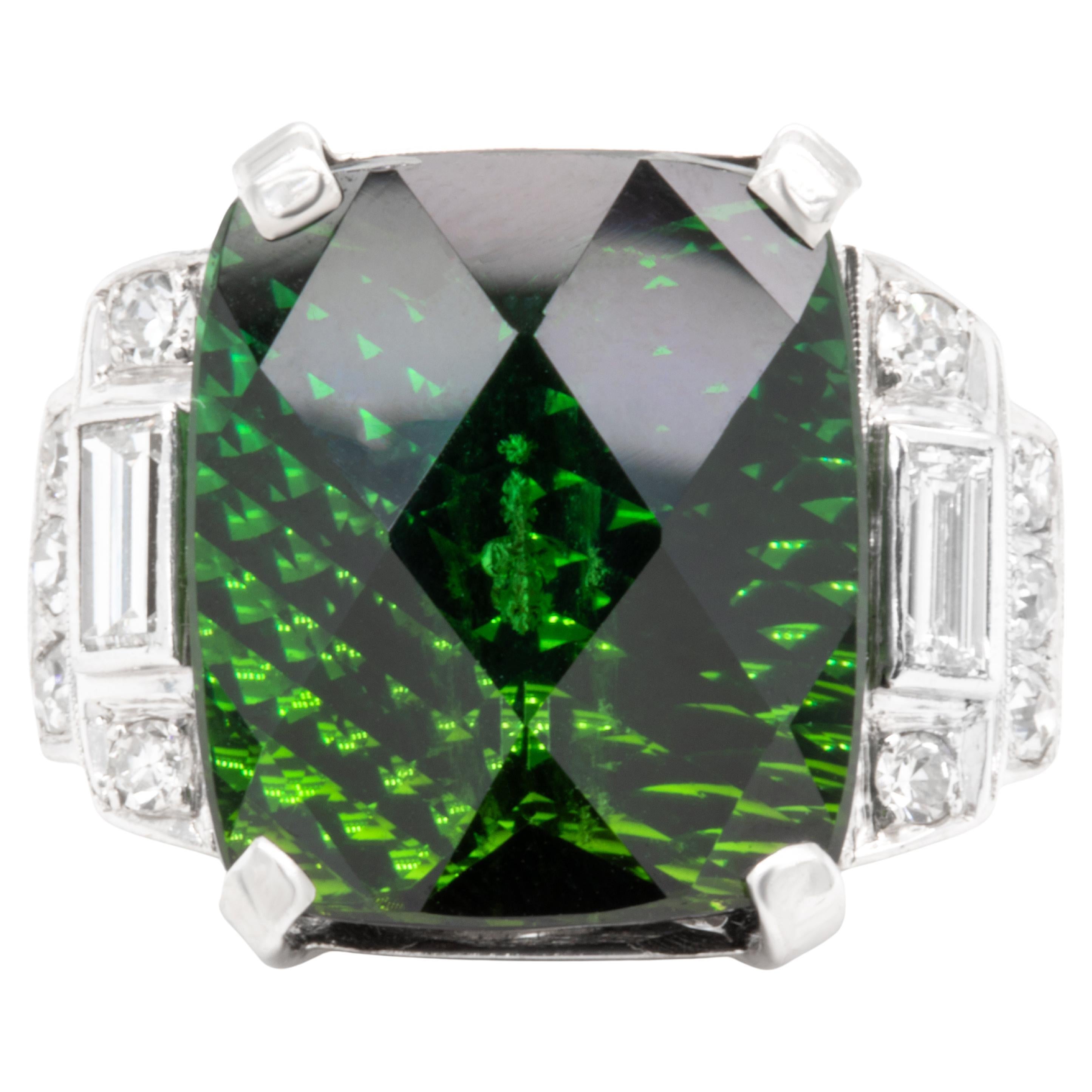 Green Tourmaline Ring With Diamonds 26.40 Carats 14K White Gold For Sale