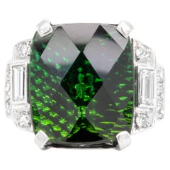 Green Tourmaline Ring With Diamonds 26.40 Carats 14K White Gold