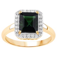 Green Tourmaline Ring With Diamonds 3.02 Carats 14K Yellow Gold