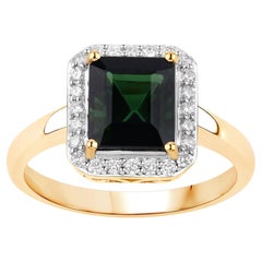 Green Tourmaline Ring With Diamonds 3.02 Carats 14K Yellow Gold