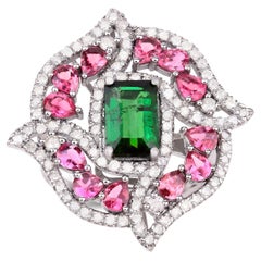 Green Tourmaline Ring With Pink Tourmalines and Diamonds 5.07 Carats