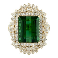 Green Tourmaline Ring with Rosecut Diamond in 18 Karat Yellow Gold