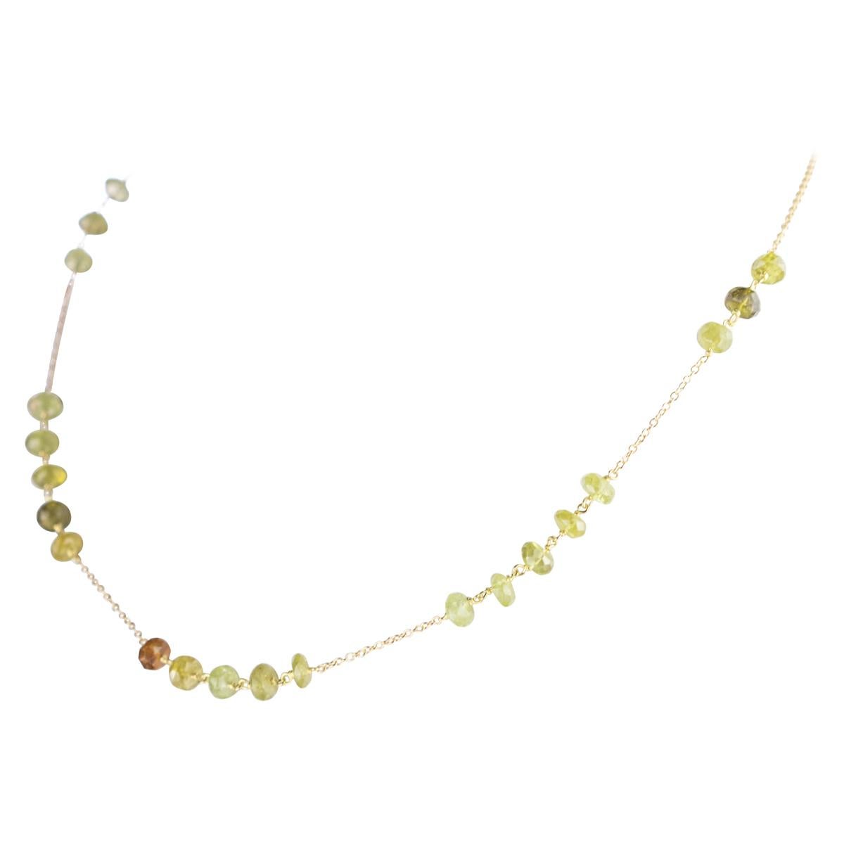 Green Tourmaline Rondelles 18 Karat Yellow Gold Chain Handmade Cocktail Necklace For Sale