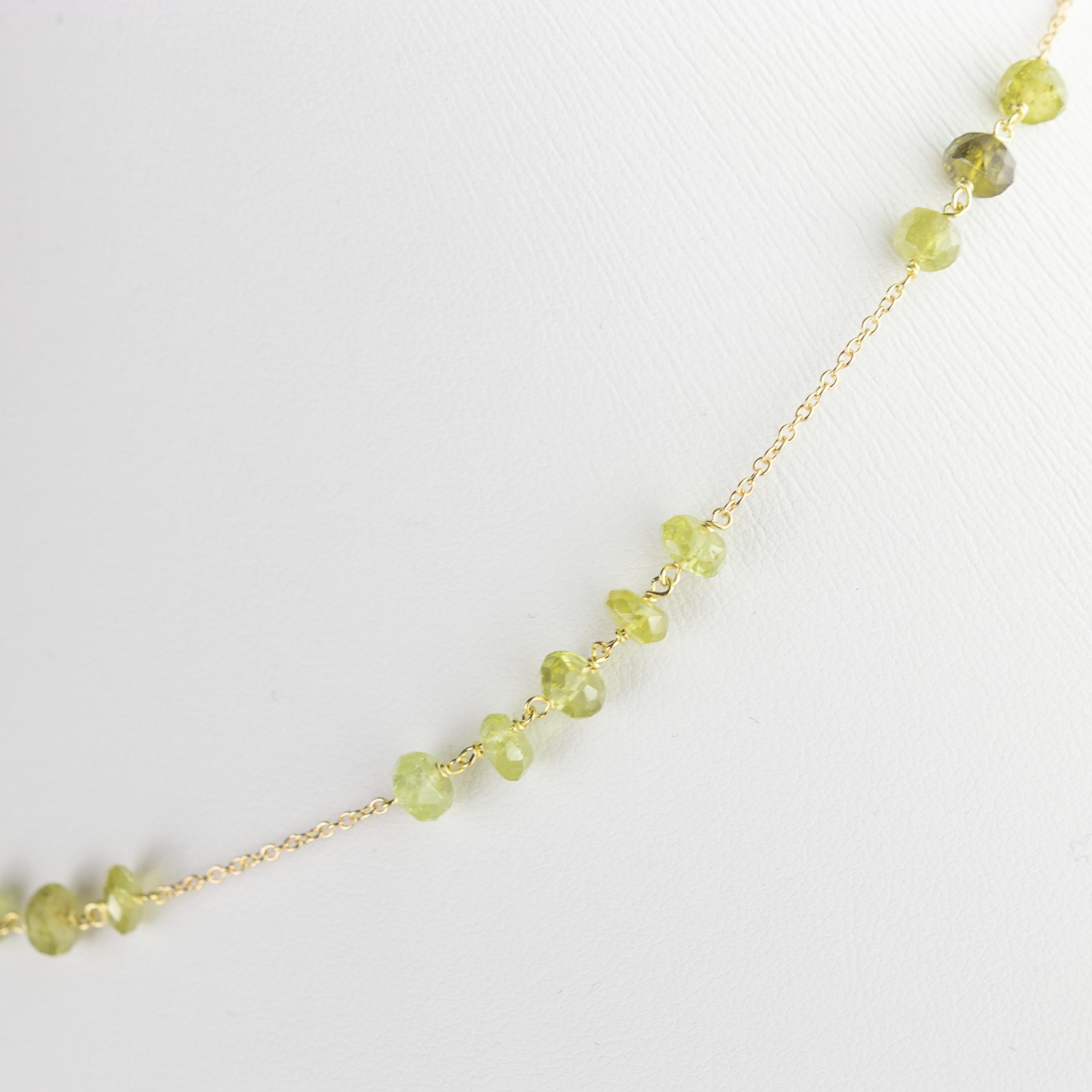 Modern Green Tourmaline Rondelles Gold Plate Chain Handmade Cocktail Necklace For Sale