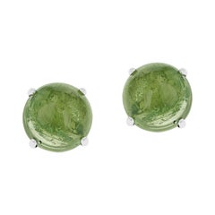 Green Tourmaline Round Cabochon Stud Earrings Made in 14 Karat White Gold