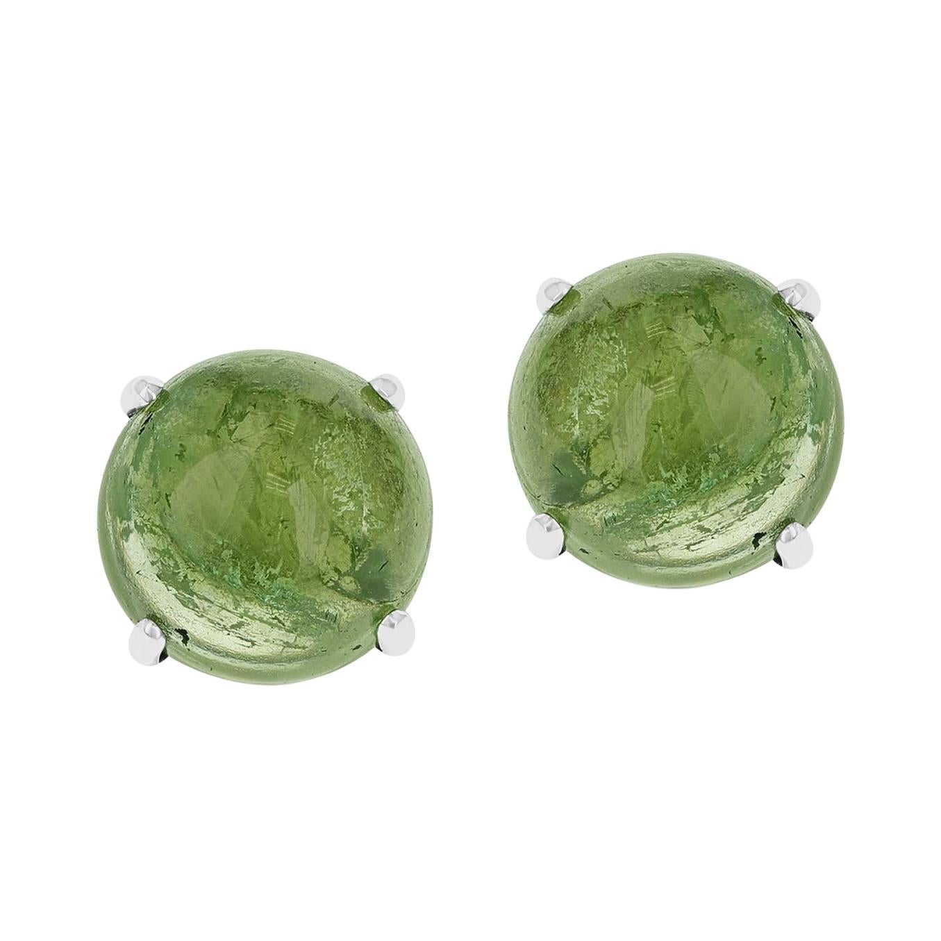 Green Tourmaline Round Cabochon Stud Earrings Made in 14 Karat White Gold