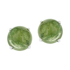 Green Tourmaline Round Cabochon Stud Earrings Made in 14 Karat White Gold