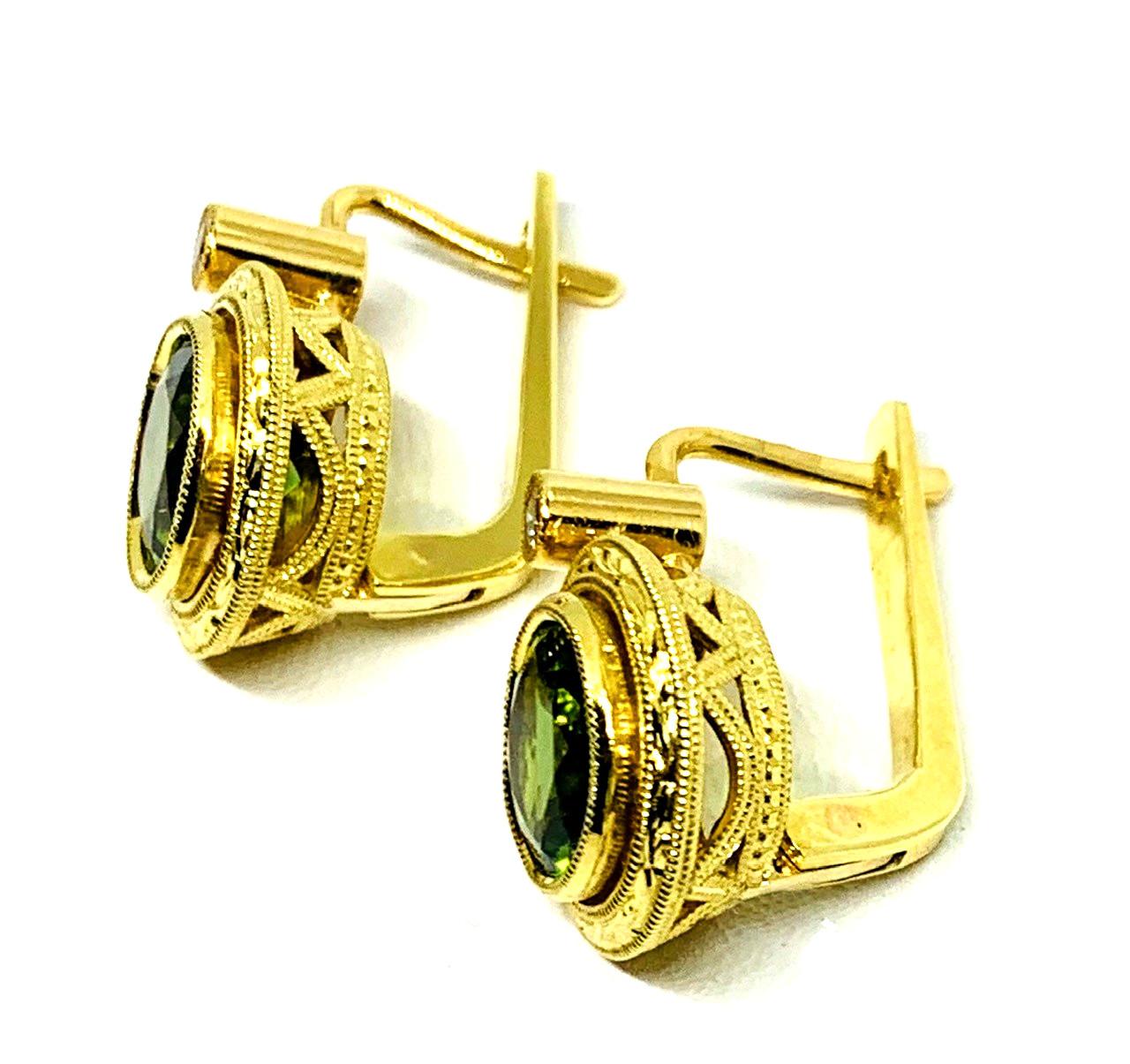 Artisan Green Tourmaline and Diamond Drop Earrings in Hand Engraved Yellow Gold Bezels For Sale