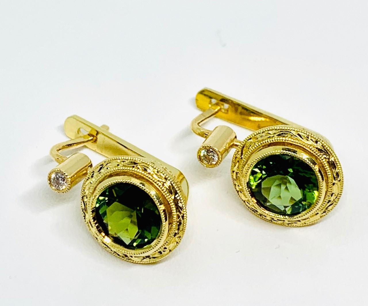 Round Cut Green Tourmaline and Diamond Drop Earrings in Hand Engraved Yellow Gold Bezels For Sale