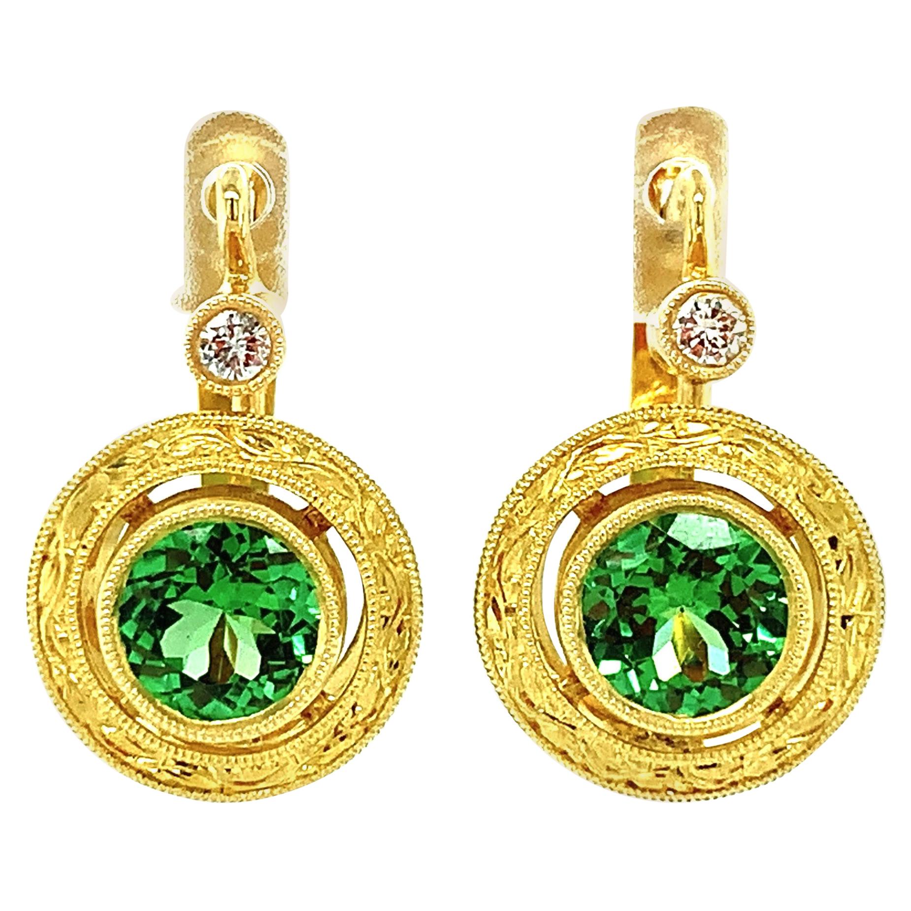 Green Tourmaline and Diamond Drop Earrings in Hand Engraved Yellow Gold Bezels For Sale