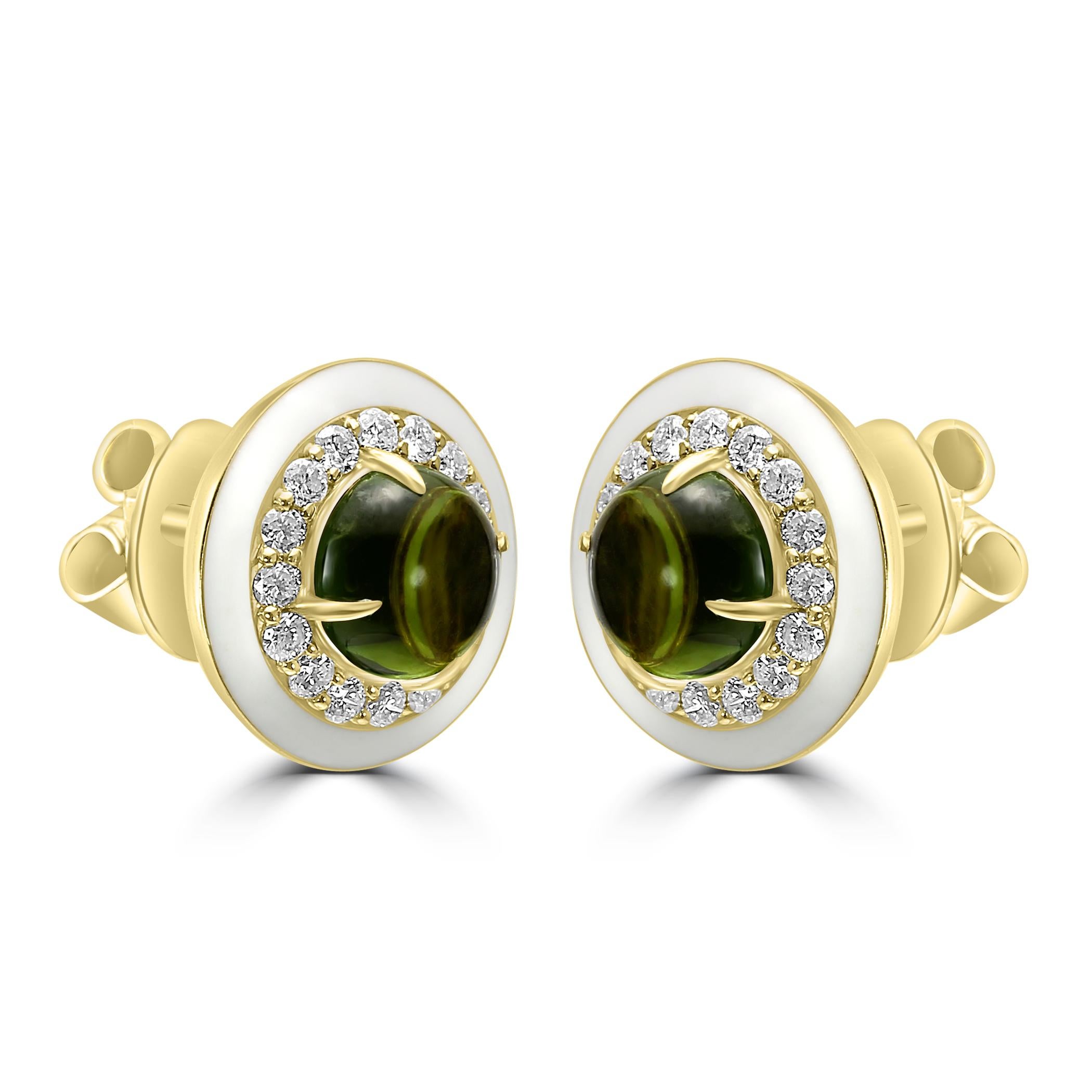 Art Deco Green Tourmaline Round Diamond White Enamel Halo 14K Yellow Gold Fashion Earring For Sale