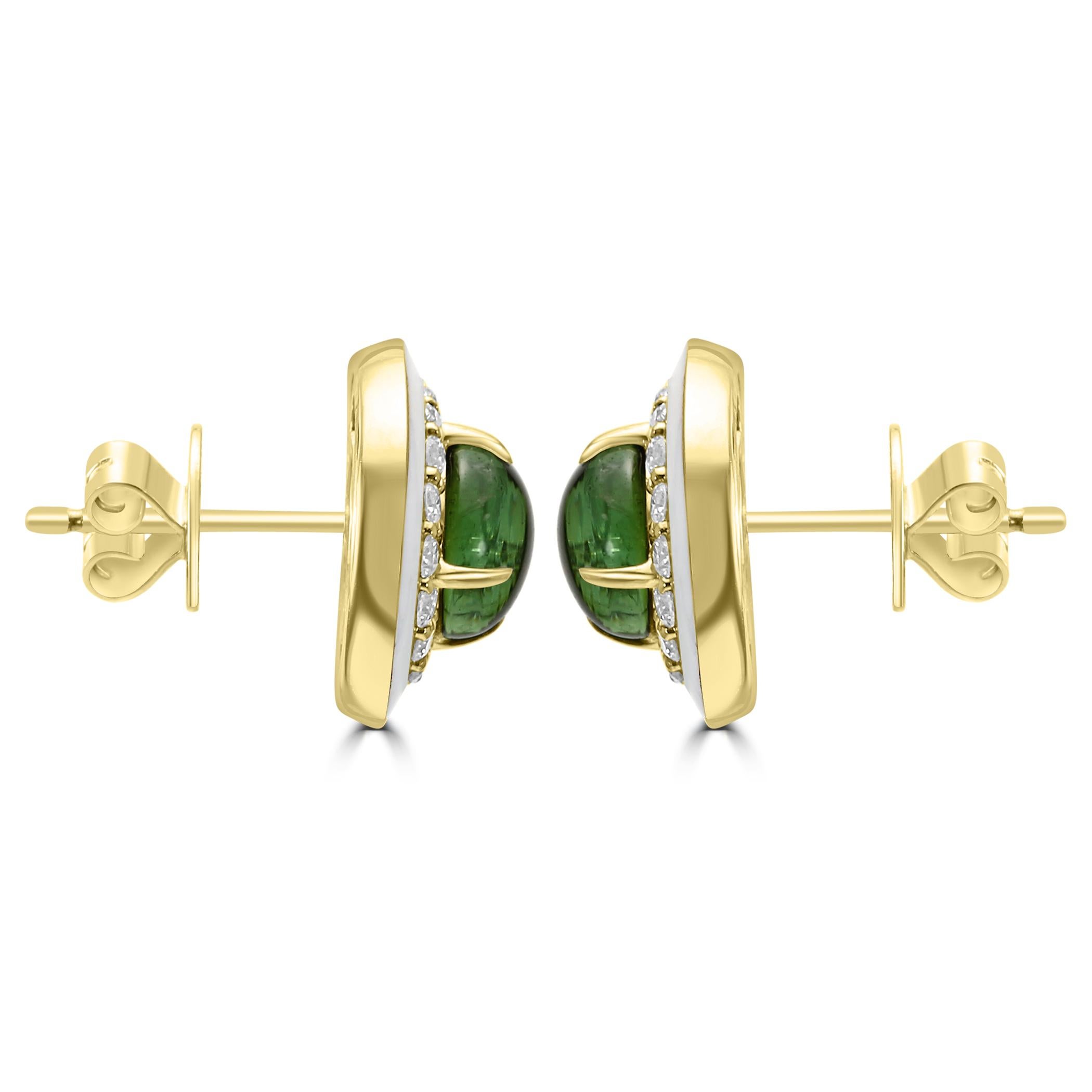 Round Cut Green Tourmaline Round Diamond White Enamel Halo 14K Yellow Gold Fashion Earring For Sale