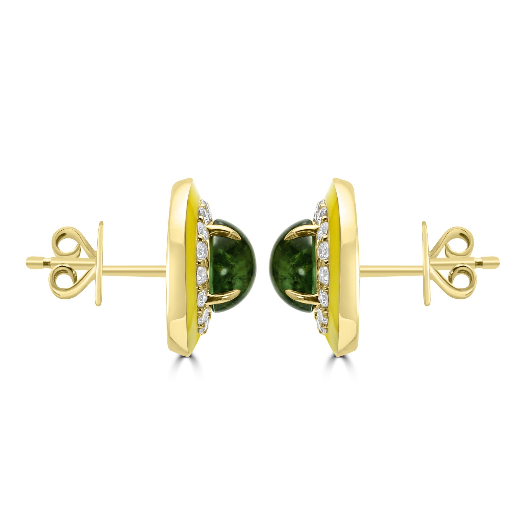 Art Deco Green Tourmaline Round Diamond Yellow Enamel Halo Yellow Gold Fashion Earring For Sale