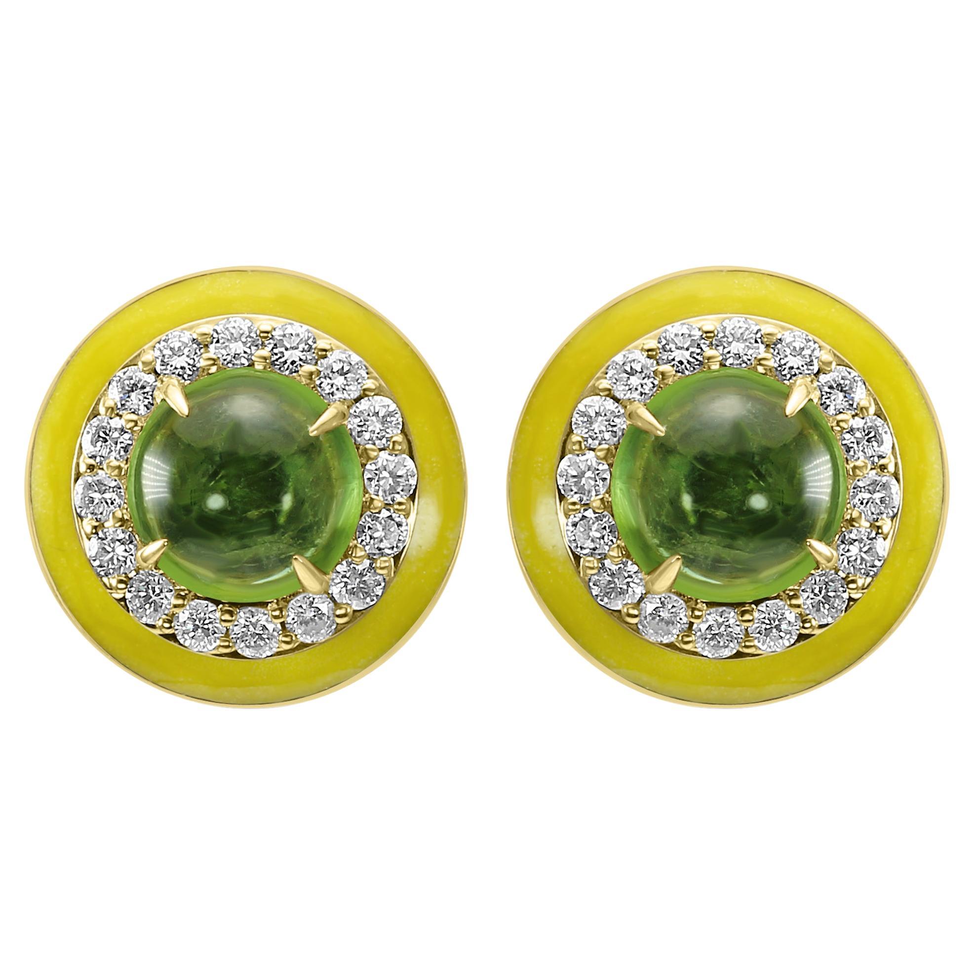 Gelbgold-Mode-Ohrring mit grünem Turmalin, rundem Diamant, gelber Emaille und Halo aus Gelbgold