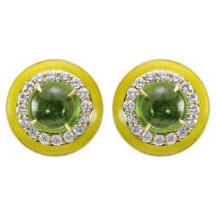 Green Tourmaline Round Diamond Yellow Enamel Halo Yellow Gold Fashion Earring