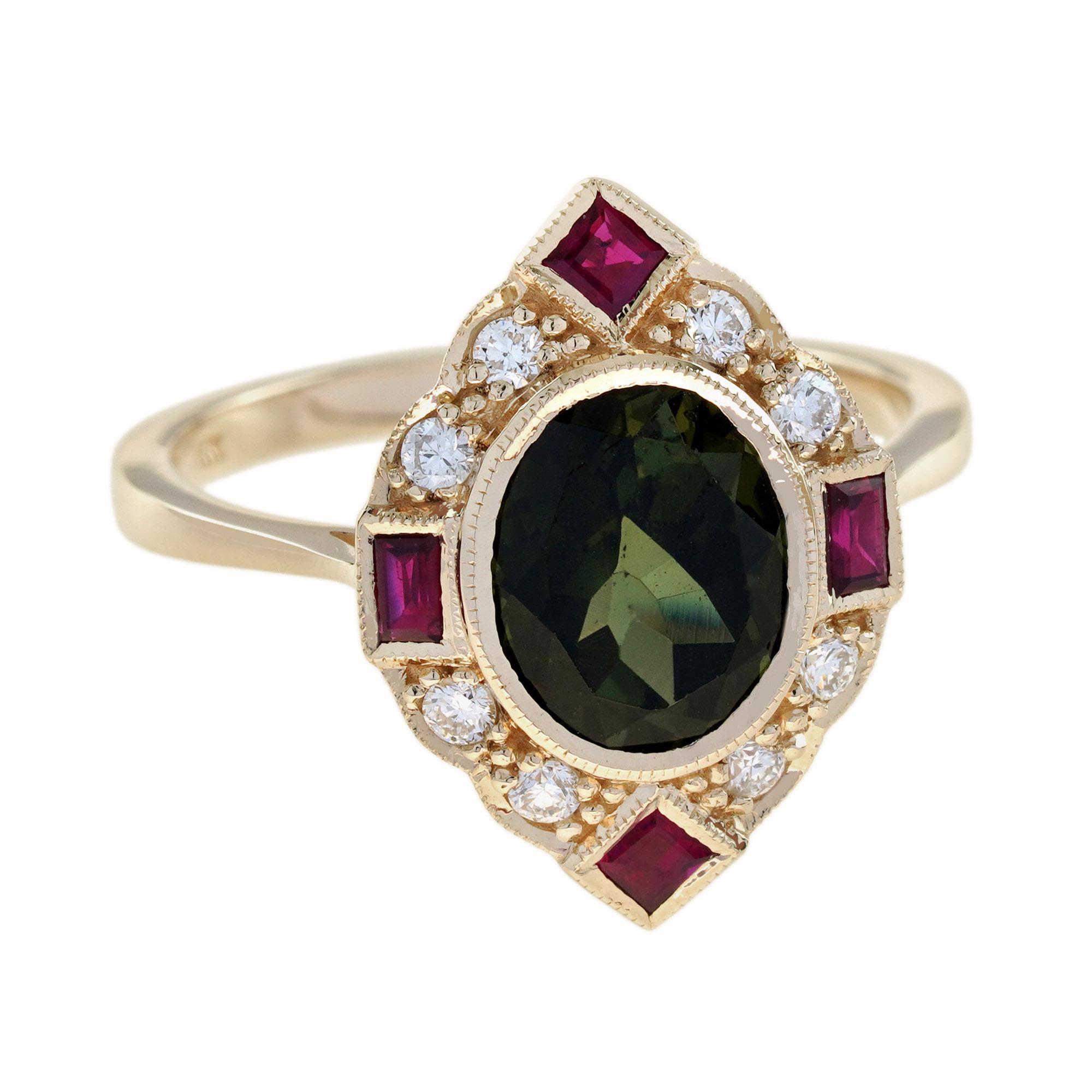 Oval Cut Green Tourmaline Ruby and Diamond Art Deco Style Halo Ring in 14K Yellow Gold For Sale