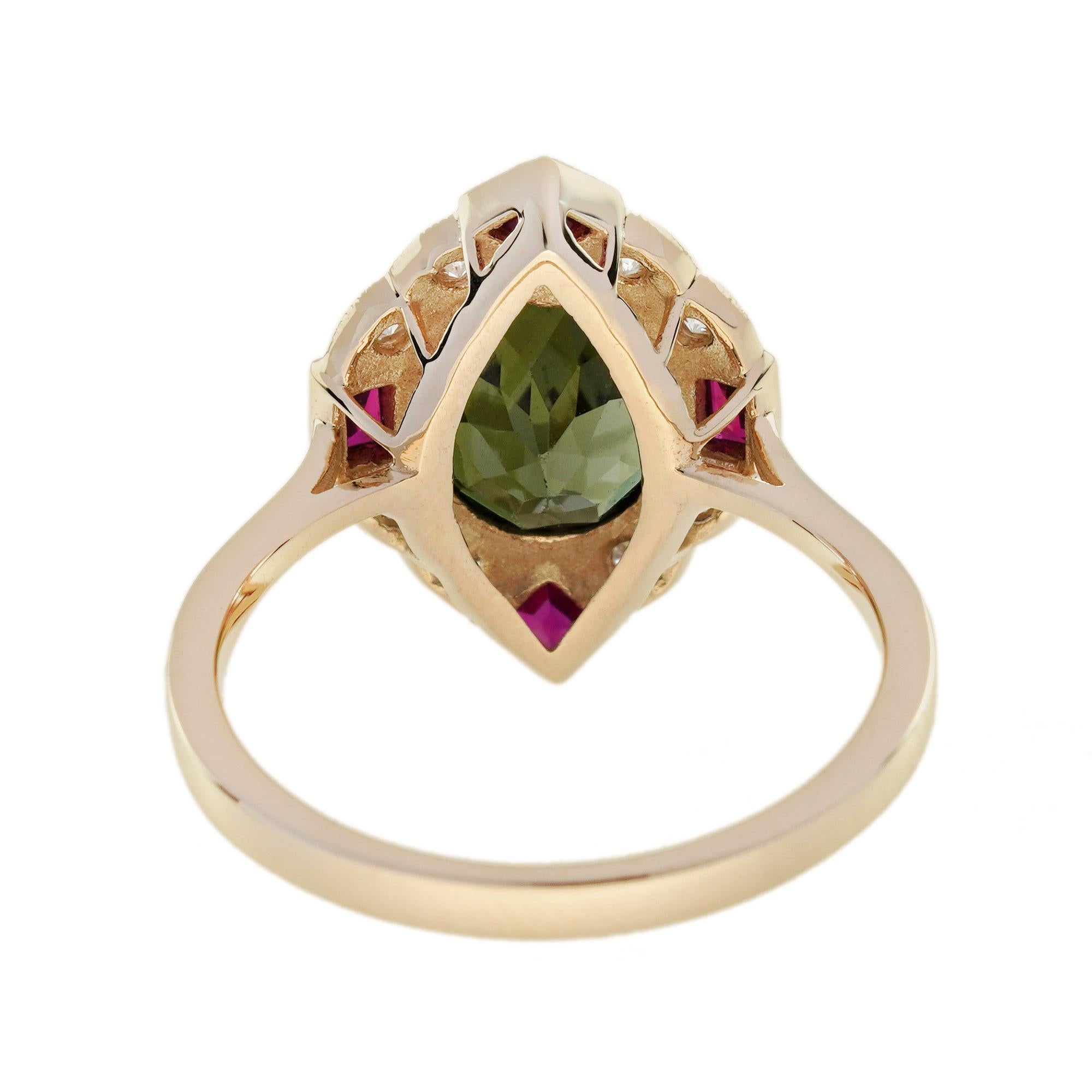 Women's Green Tourmaline Ruby and Diamond Art Deco Style Halo Ring in 14K Yellow Gold For Sale