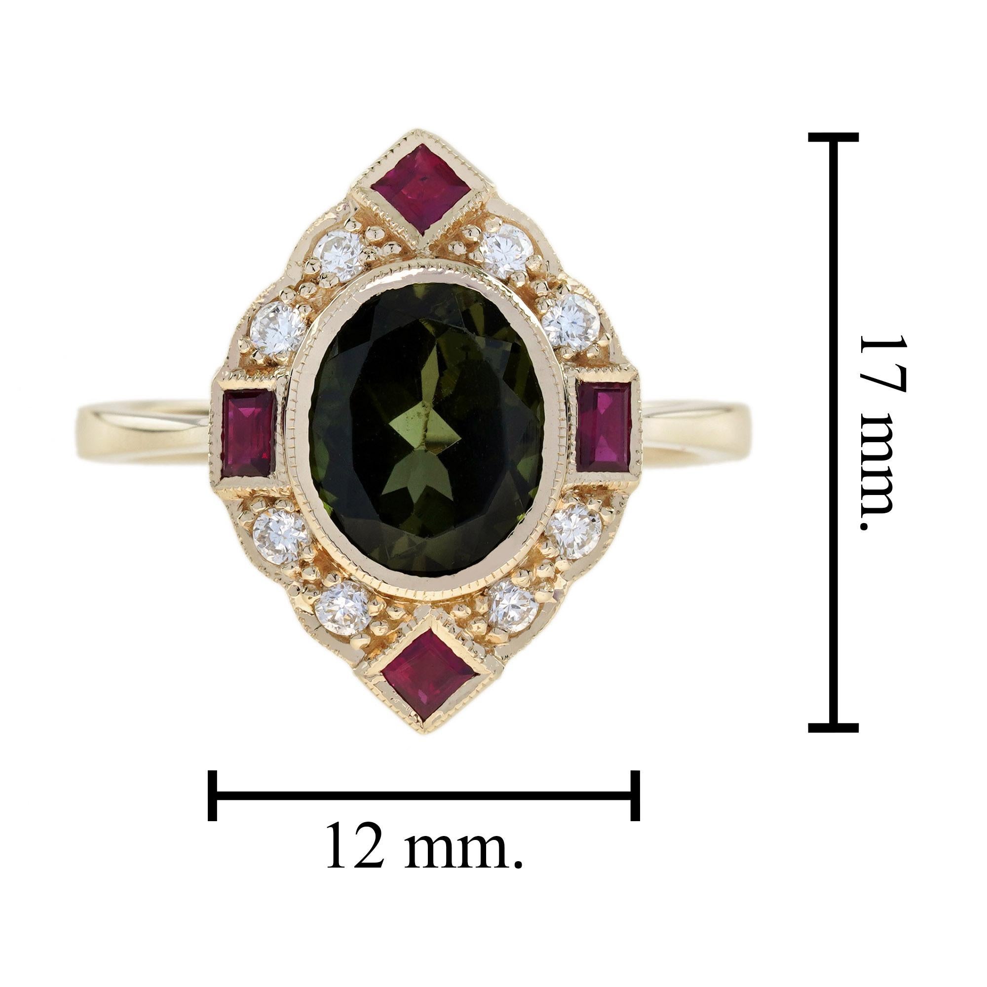 Green Tourmaline Ruby and Diamond Art Deco Style Halo Ring in 14K Yellow Gold For Sale 2