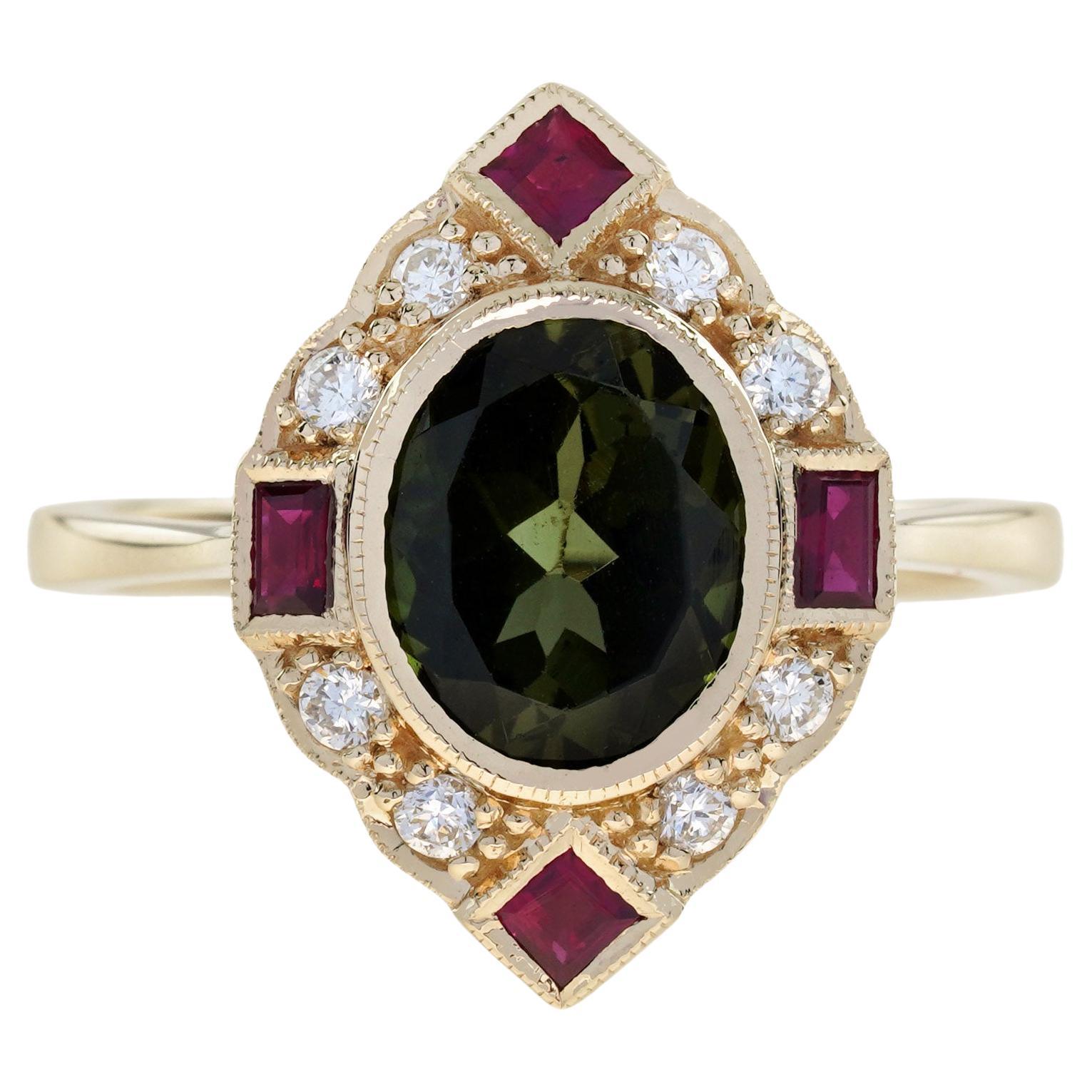 Green Tourmaline Ruby and Diamond Art Deco Style Halo Ring in 14K Yellow Gold For Sale