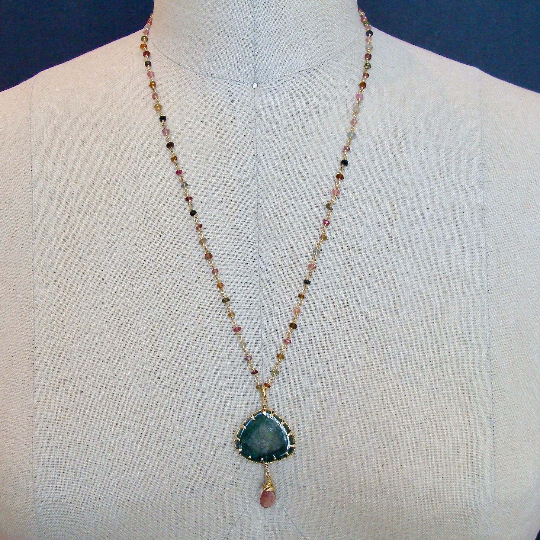 Artisan Green Tourmaline Slice with Hand Linked Tourmaline Chain, Laurel Necklace For Sale