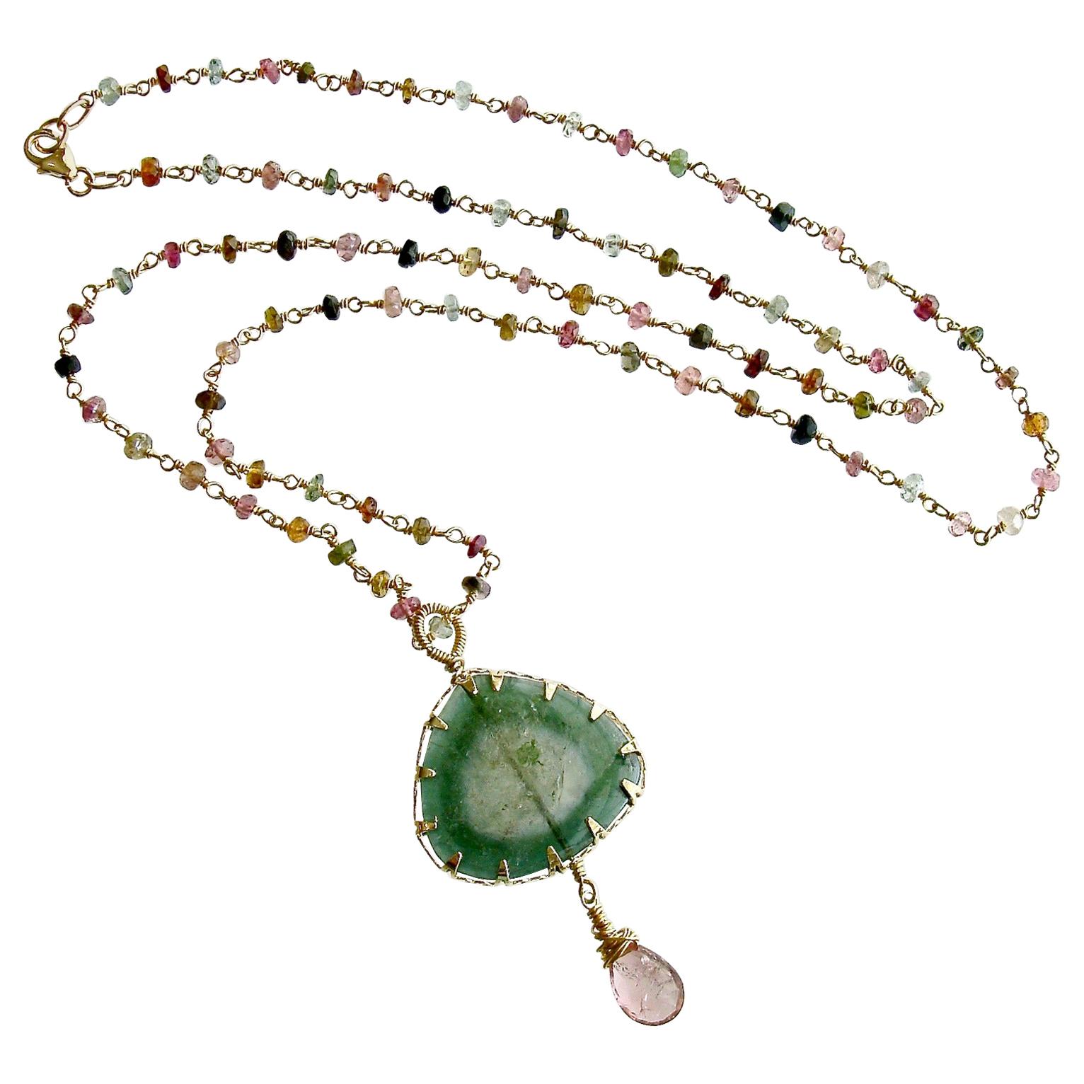 Green Tourmaline Slice with Hand Linked Tourmaline Chain, Laurel Necklace For Sale