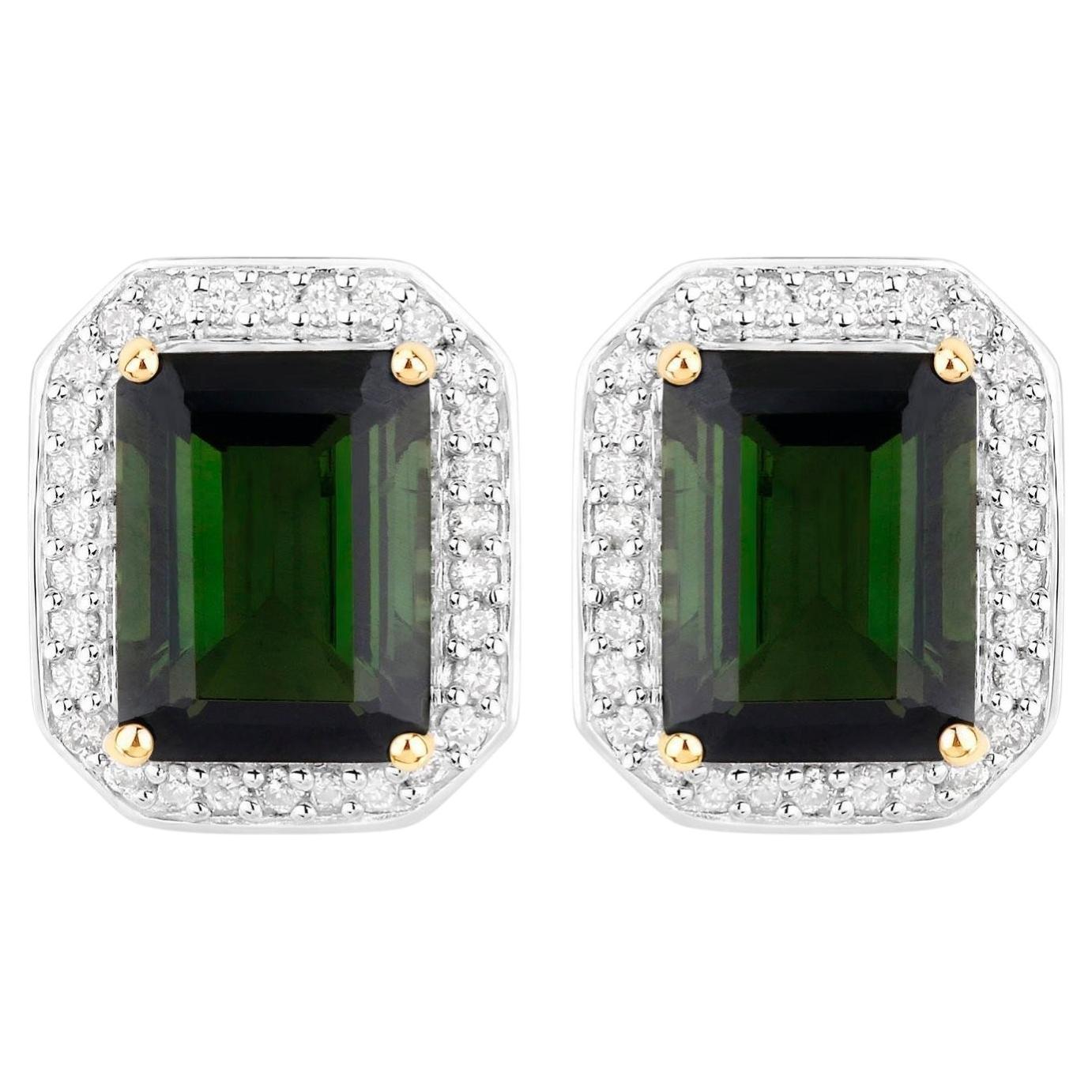Green Tourmaline Stud Earrings Diamond Halo 3.55 Carats 14K Yellow Gold For Sale