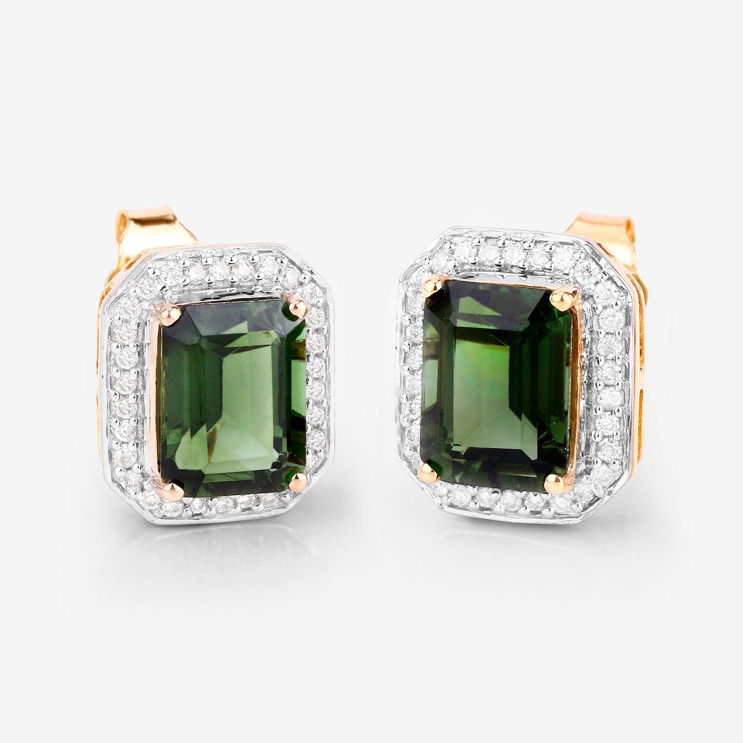 Emerald Cut Green Tourmaline Stud Earrings Diamond Halo 3.65 Carats 14K Yellow Gold For Sale