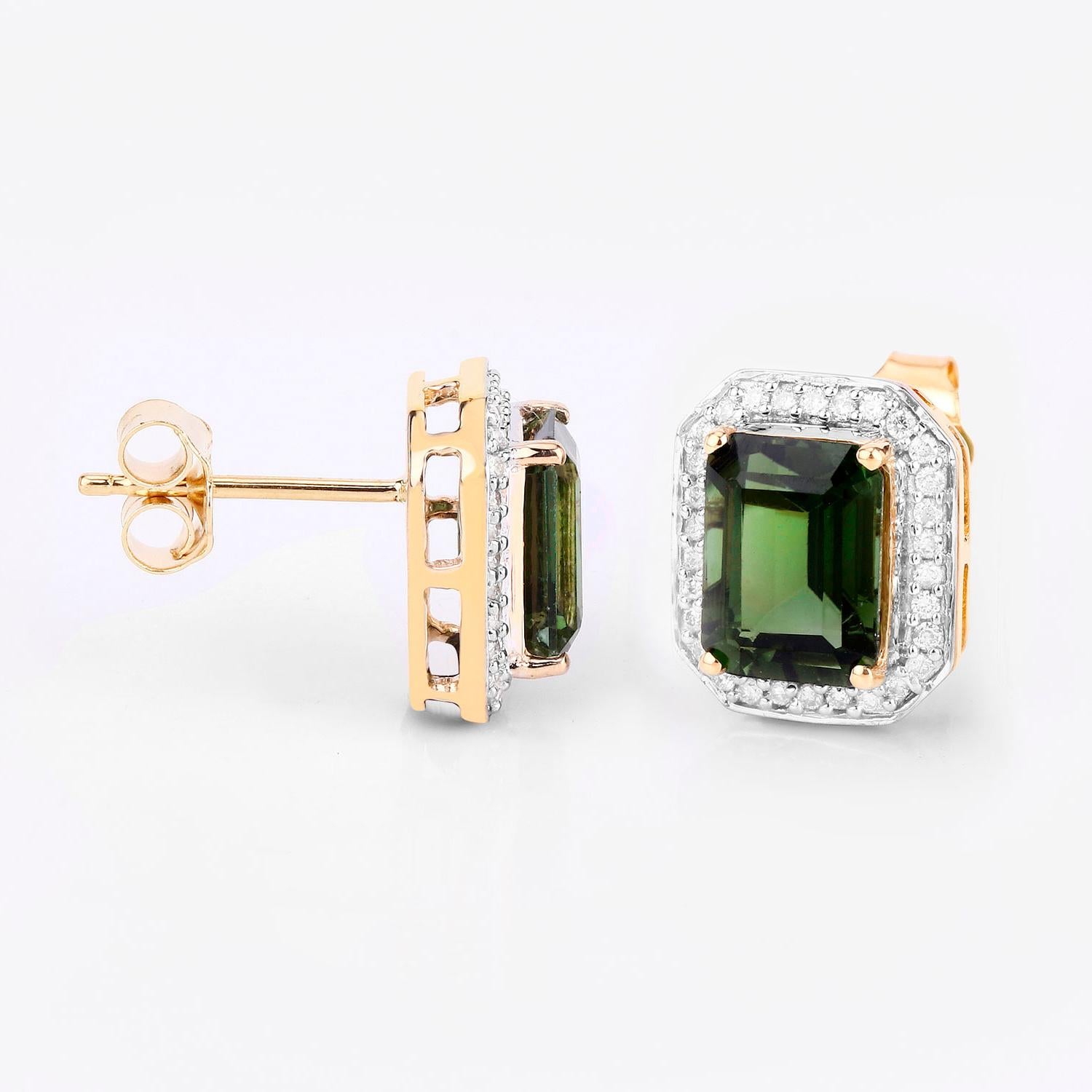 Green Tourmaline Stud Earrings Diamond Halo 3.65 Carats 14K Yellow Gold In Excellent Condition For Sale In Aliso Viejo, CA