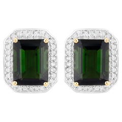 Green Tourmaline Stud Earrings Diamond Halo 3.65 Carats 14K Yellow Gold
