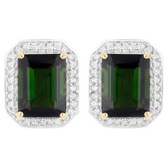 Clous d'oreilles en or jaune 14 carats avec tourmaline verte et halo de diamants de 3,65 carats