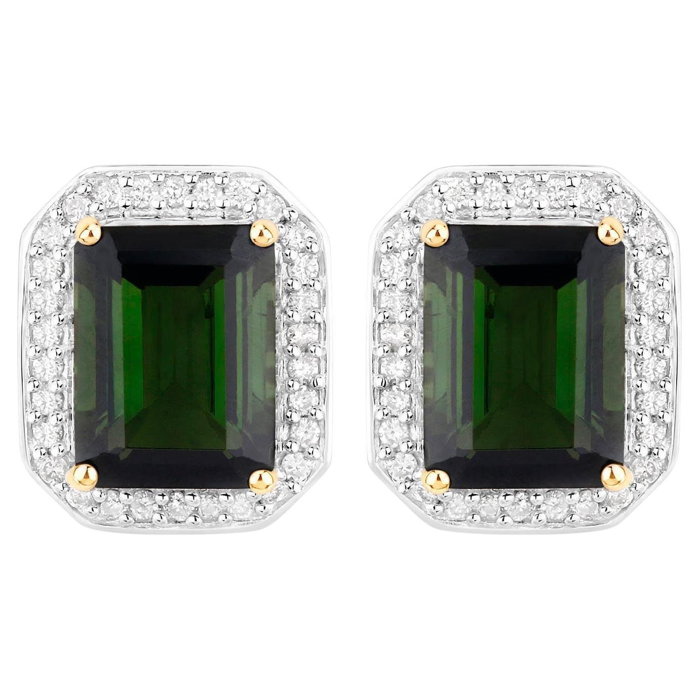 Green Tourmaline Stud Earrings Diamond Halo 3.65 Carats 14K Yellow Gold For Sale