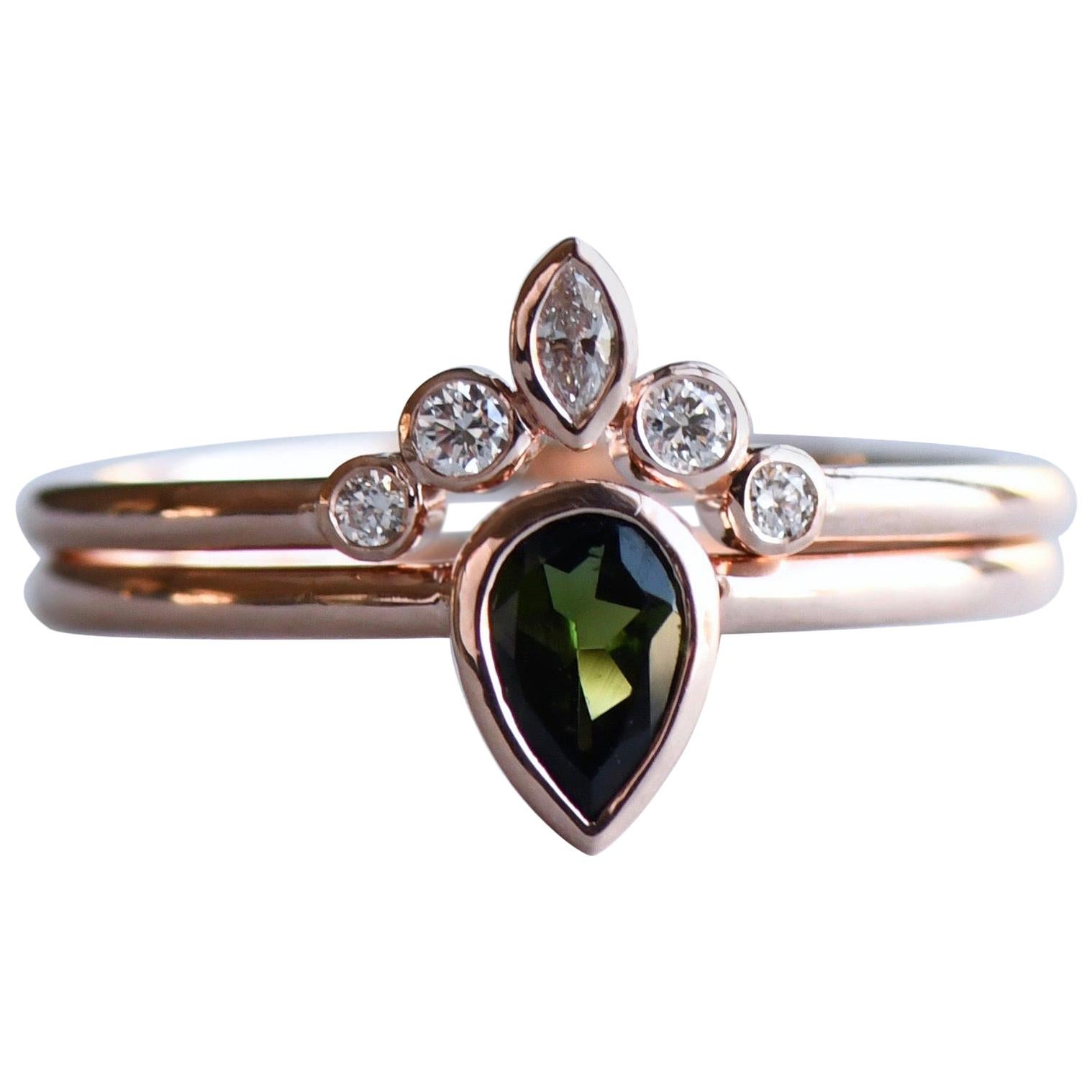 For Sale:  Green Tourmaline Teardrop Ring in 14 Karat Rose Gold with Diamond Ring Guard
