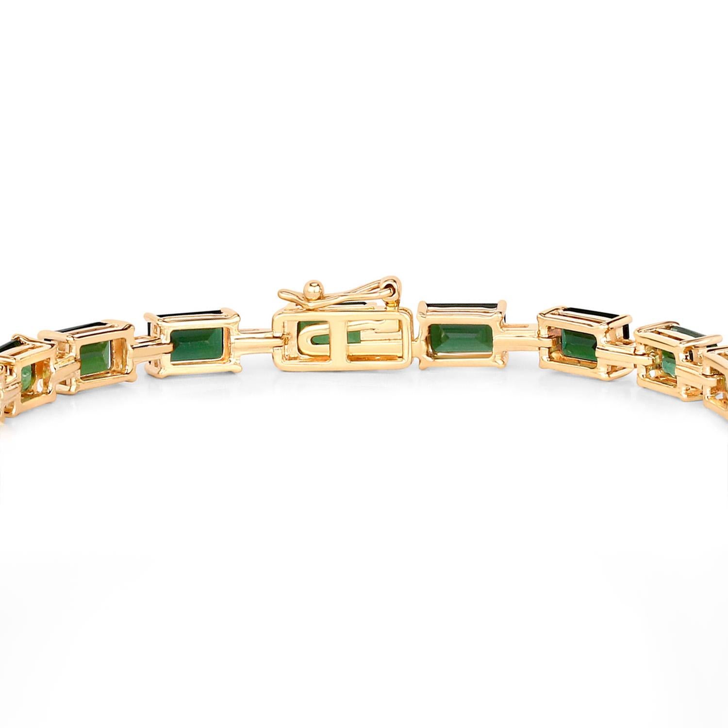 Emerald Cut Green Tourmaline Tennis Bracelet 12 Carats 14K Yellow Gold For Sale