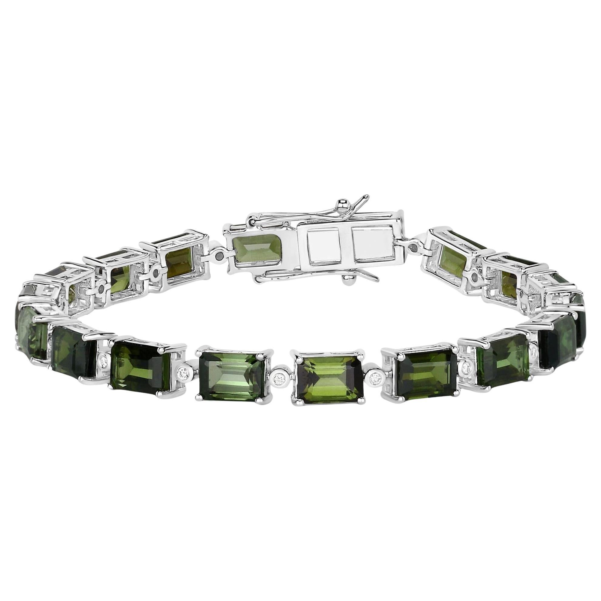 Bracciale tennis con tormalina verde e diamante A Link 19 carati in oro bianco 14K