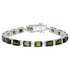 Green Tourmaline Tennis Bracelet Diamond Links 19 Carats 14K White Gold