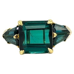 Green Tourmaline Three Stone Ring in 18K Yellow Gold
