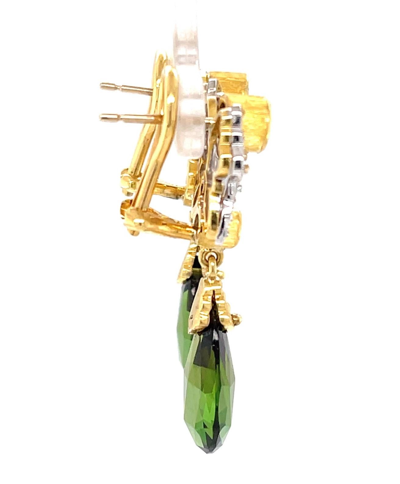 Artisan Green Tourmaline, Tsavorite and Diamond Drop Earrings in Yellow and White Gold For Sale