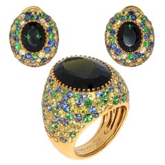 Green Tourmaline Tsavorites Sapphires Yellow 18 Karat Gold Riviera Suite