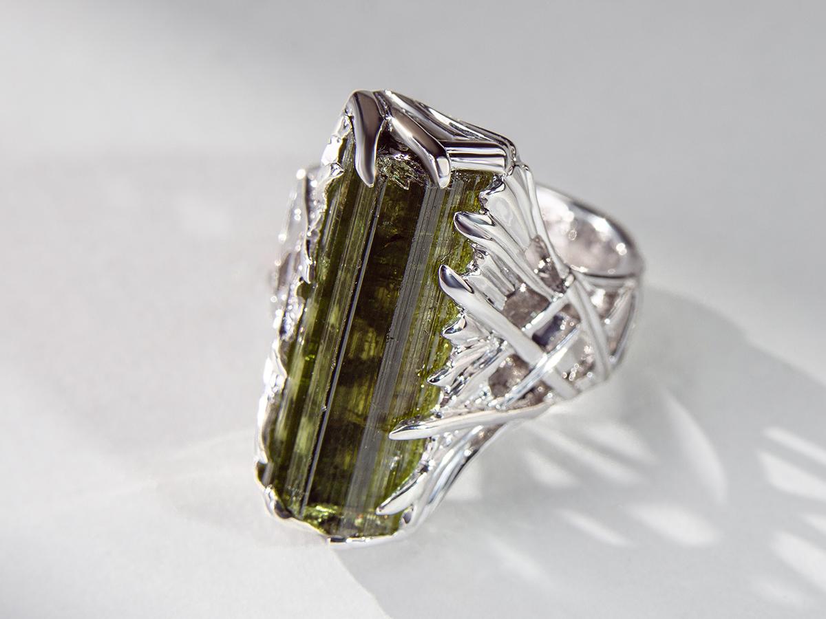 Green Tourmaline Verdelite Ring Crystal Silver Raw Gemstone For Sale 1