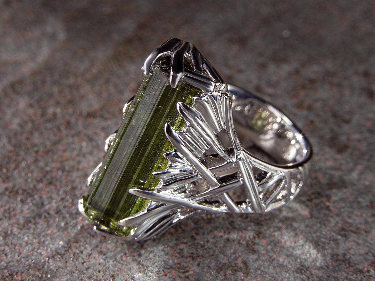 Artisan Green Tourmaline Verdelite Ring Crystal Silver Raw Gemstone For Sale