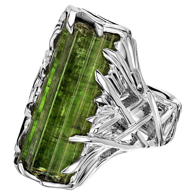 Green Tourmaline Verdelite Ring Crystal Silver Raw Gemstone (bague en cristal de tourmaline verte)